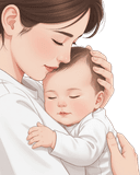 Tender illustration of a baby sleeping peacefully, nestled securely in an adult's arms, demonstrating the comfort and safety provided by touch and voice. This image symbolizes the parent-infant bond and emotional regulation through closeness. Clean illustration with a white background, suitable for newborn comforting and emotional development educational materials