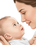 Tender close-up illustration of a baby gazing up at an adult's smiling face from a short distance, highlighting the newborn's limited vision and preference for human faces. This intimate moment shows the developing parent-infant bond and eye contact. Clean illustration with a white background, suitable for infant vision development educational materials."