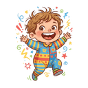 Flat illustration of an excited, smiling baby or toddler with dark skin and blue eyes, wearing a blue outfit, actively climbing an orange and yellow play structure or ladder. This image emphasizes a burst of energy, high activity level, and gross motor skill development.