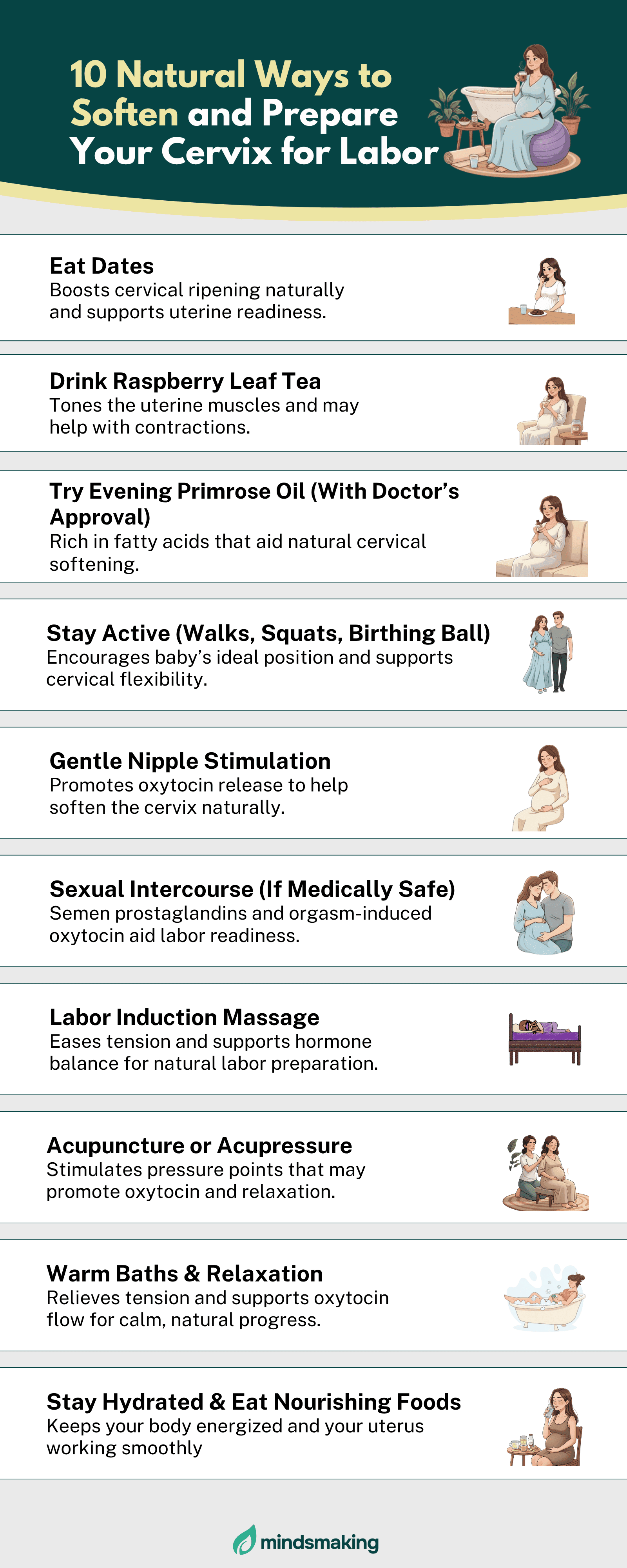An illustrated infographic listing ten natural ways to soften and prepare the cervix for labor, including eating dates, drinking raspberry leaf tea, exercising, and relaxation techniques.