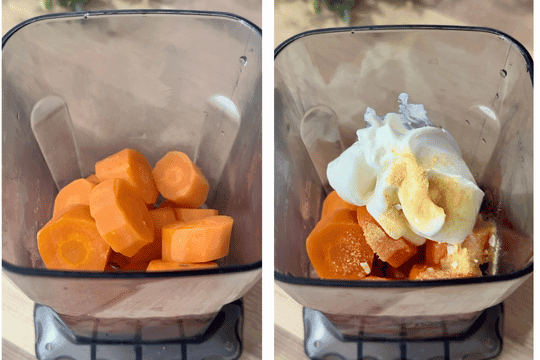 "Blender filled with cooked carrots, cream cheese, garlic powder, onion powder, and pasta water being blended into a smooth, creamy orange sauce."