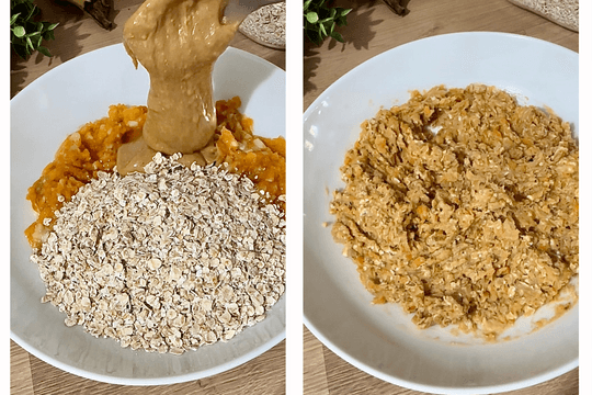 Rolled oats and smooth peanut butter being added to mashed sweet potato and banana mixture in a bowl to create cookie dough.