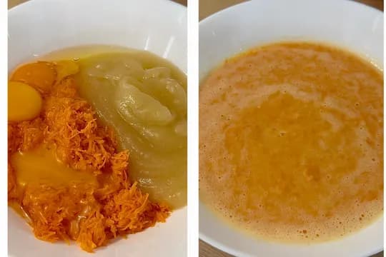 Mixing applesauce, eggs, and melted butter with grated carrots for healthy breakfast cake batter