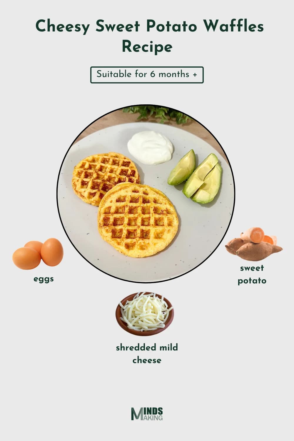 Cheesy Sweet Potato Waffles recipe for babies 6 months and older, made with ingredients like sweet potato, eggs, and shredded mild cheese. A delicious, nutritious, and easy-to-make homemade baby food recipe designed by MindsMaking