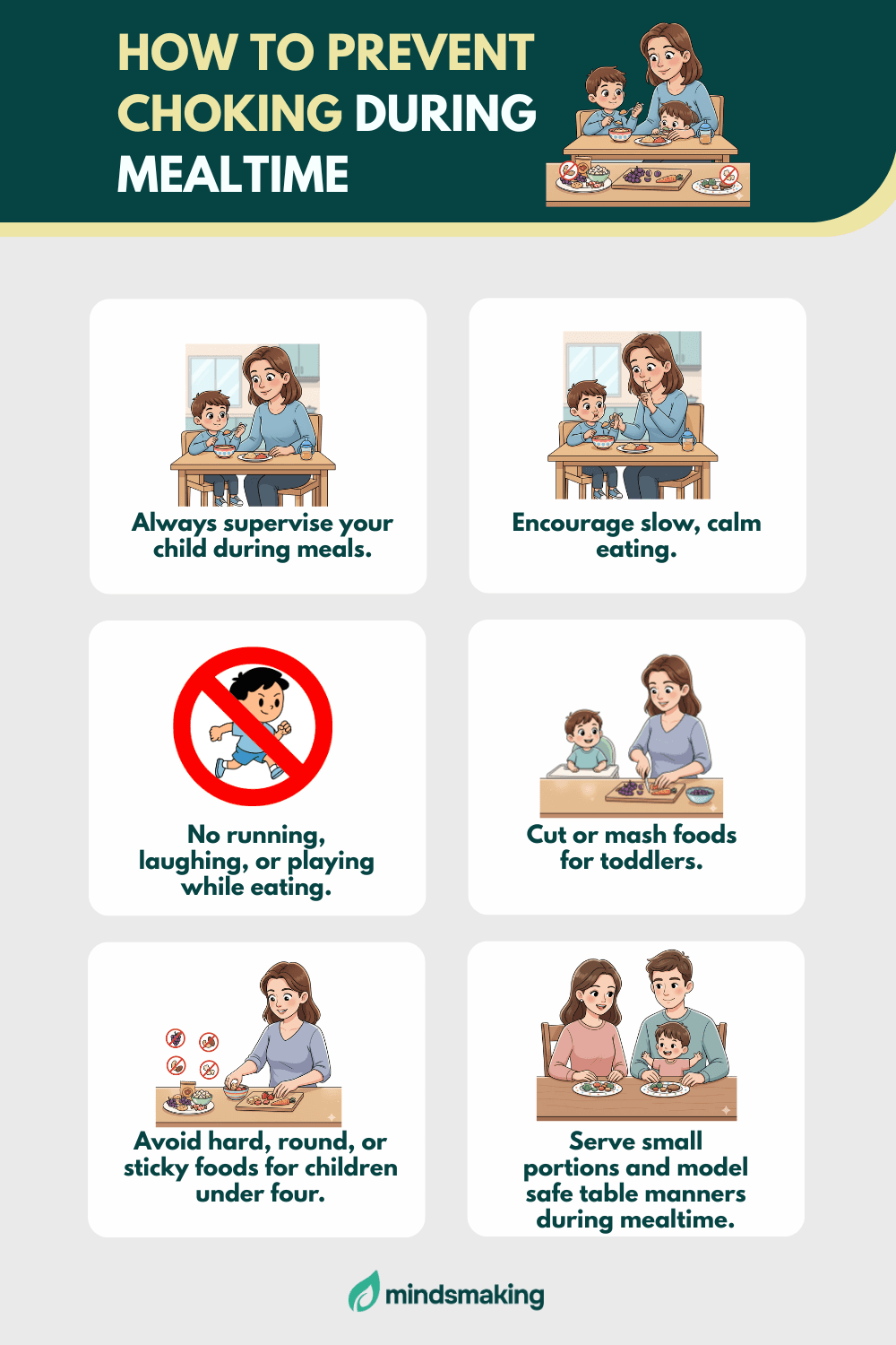 Visual guide with six tips for preventing choking in children at the dinner table, emphasizing adult supervision, food preparation, and teaching safe table manners.