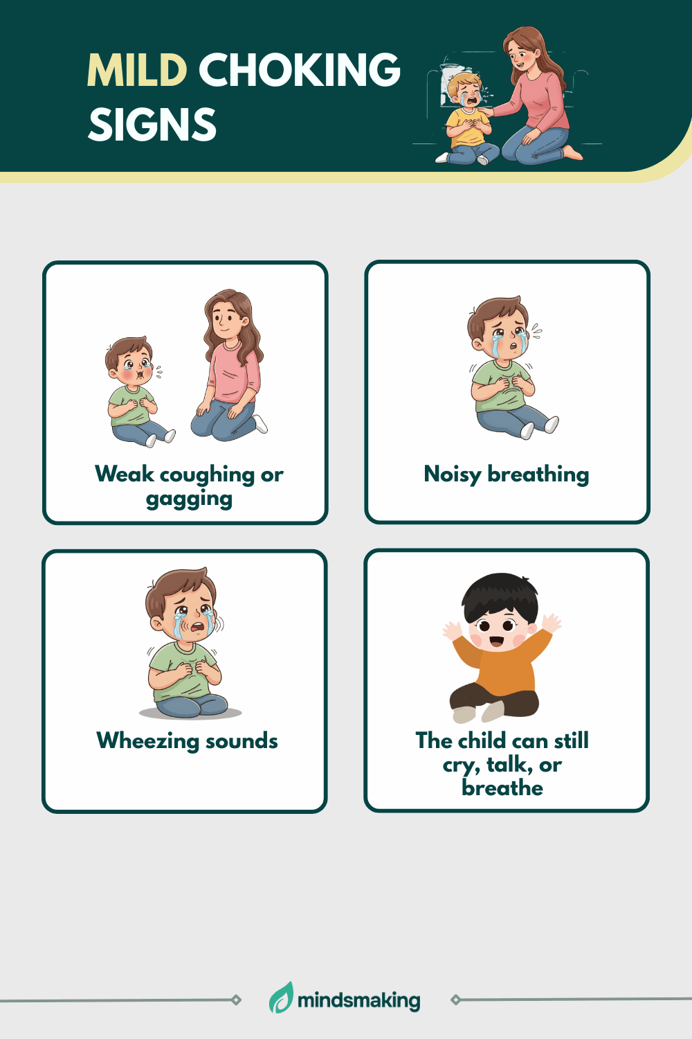 Diagram showing the signs of mild choking in a child, including gagging, wheezing, and noisy breathing, for child safety and parental first aid education