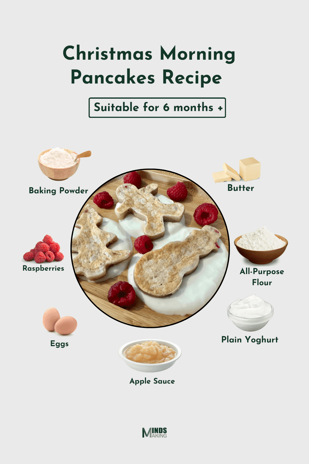 Christmas Morning Pancakes recipes for babies 6 months and older, made with ingredients like: baking powder, butter, all-purpose flour, raspberries, eggs, plain yoghurt, and apple sauce. A healthy and easy-to-make nutritious homemade baby food recipe designed by Mindsmaking.