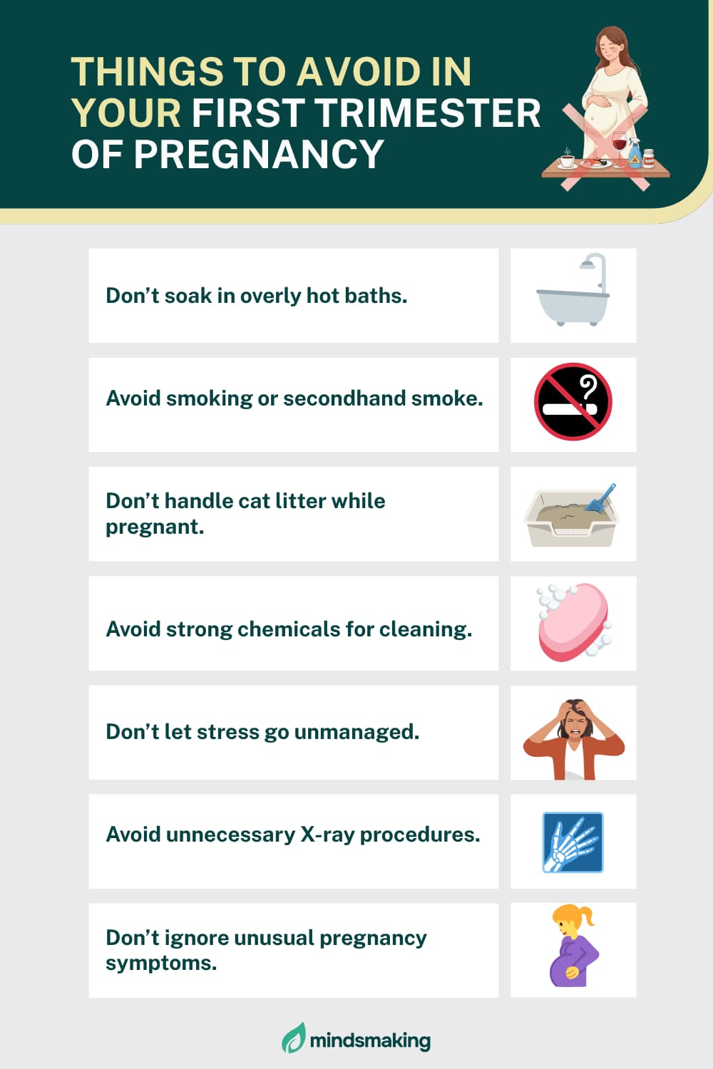 First trimester safety tips: Avoid hot tubs, secondhand smoke, handling cat litter, strong cleaners, and unmanaged stress during early pregnancy.
