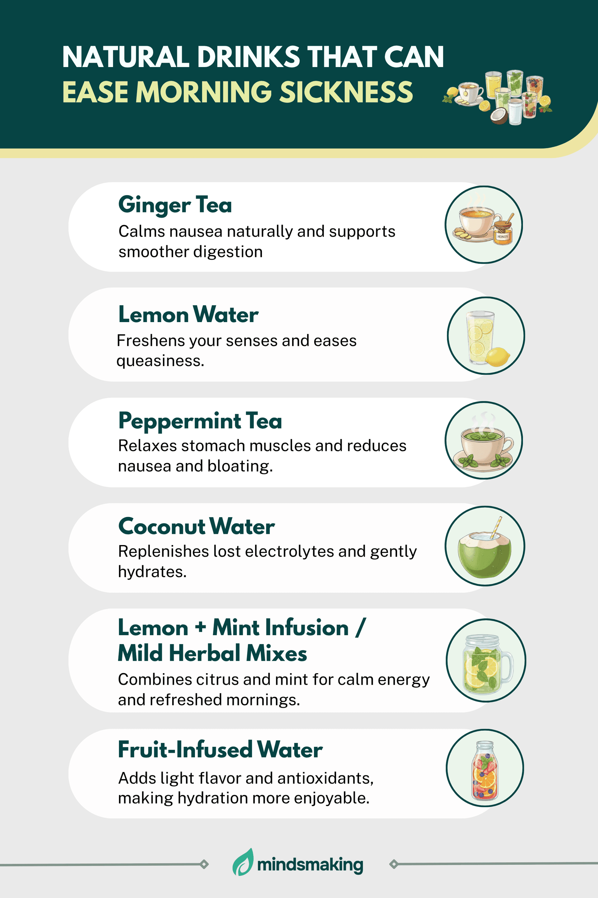 Infographic titled “Natural Drinks That Can Ease Morning Sickness,” showing illustrated options like ginger tea, lemon water, peppermint tea, coconut water, lemon and mint infusion, and fruit-infused water with brief descriptions of their soothing and hydrating benefits.