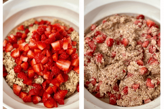Freshly chopped strawberries folded gently into the oat mixture — adding natural sweetness and color to the muffin batter.