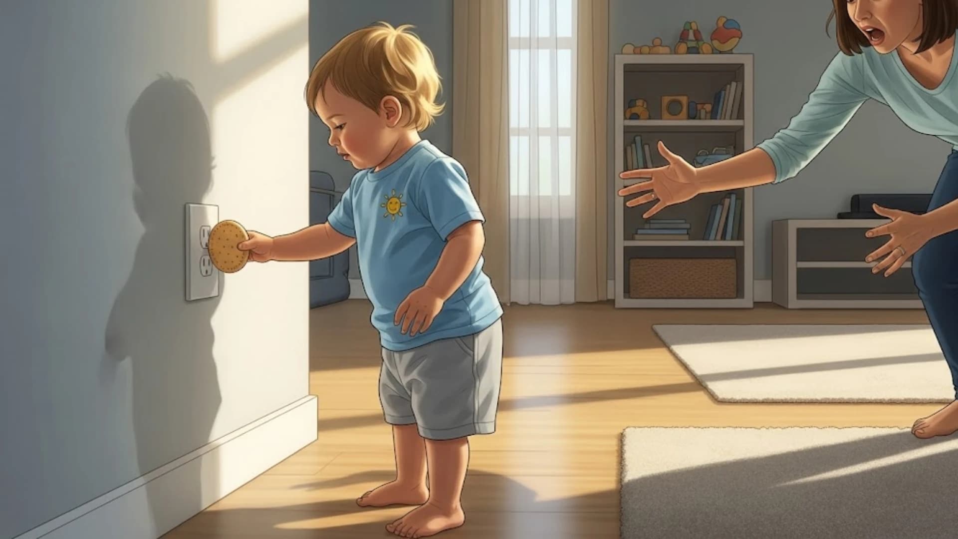 "Alarmed mother lunges as a curious toddler attempts to insert a cookie into an electrical wall outlet, highlighting a serious household safety risk."