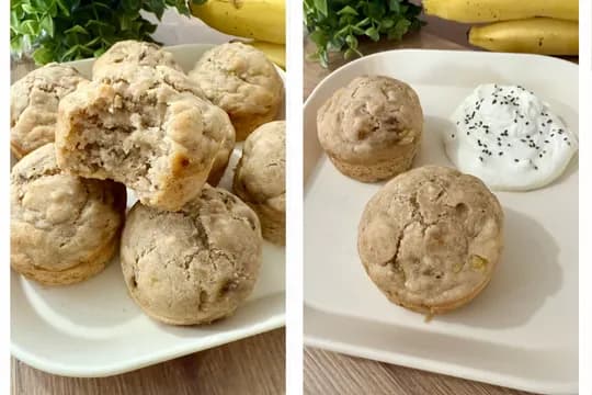 "Moist eggless banana muffins served on a white plate with yogurt and chia seeds, perfect for a healthy breakfast or snack option."