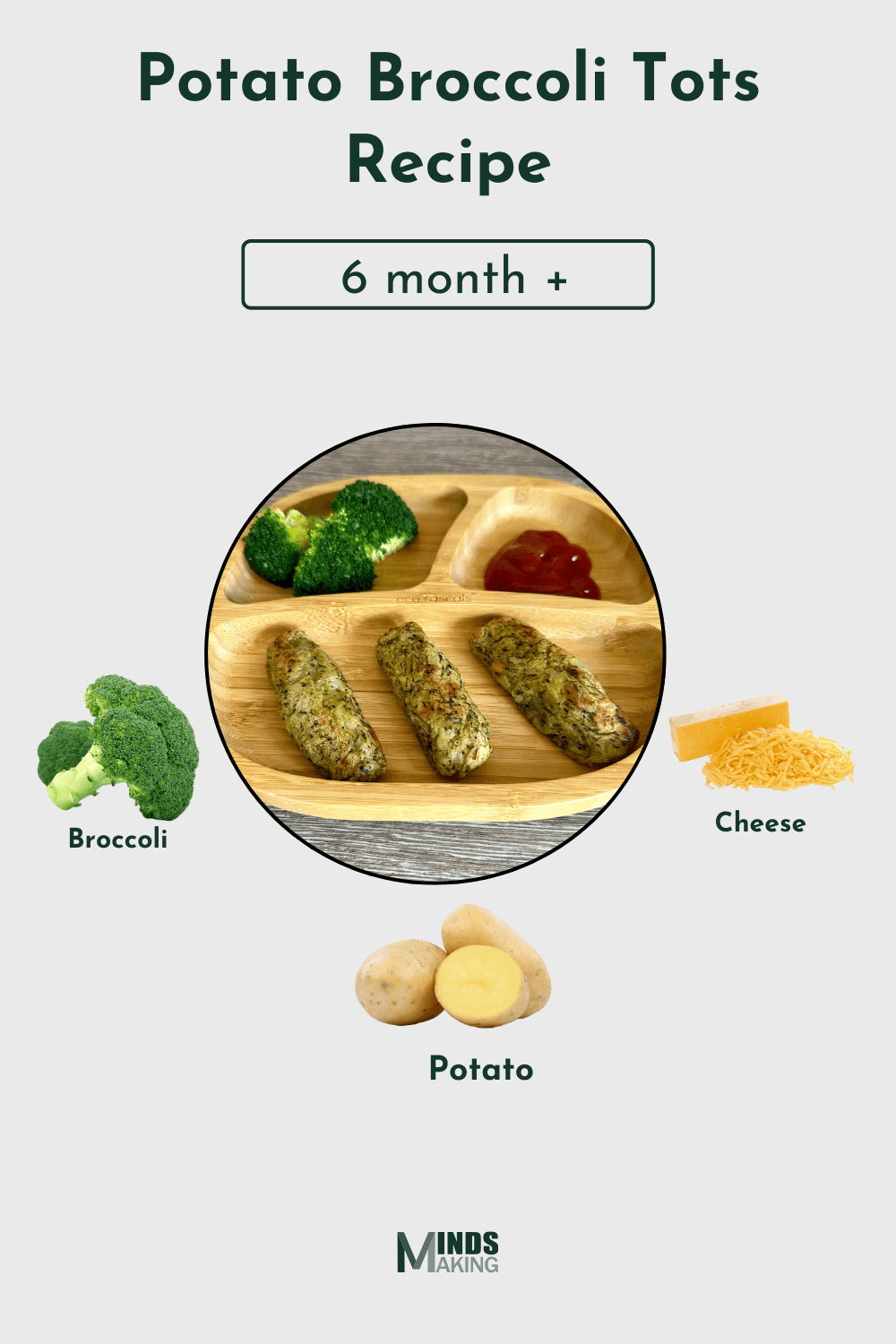 Homemade potato broccoli tots for babies 6 months and up, made with cheese for a nutritious and easy baby-led weaning (BLW) snack. Healthy finger food idea for toddlers.