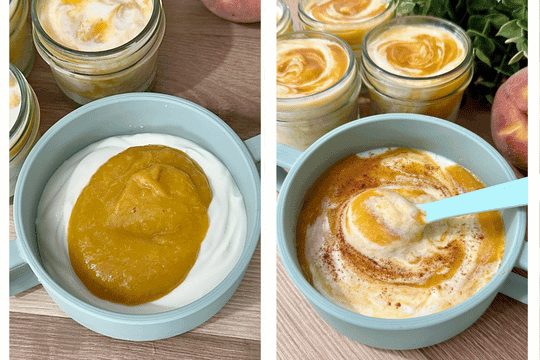 A bowl showing creamy yogurt being gently mixed with peach puree until fully combined and smooth.