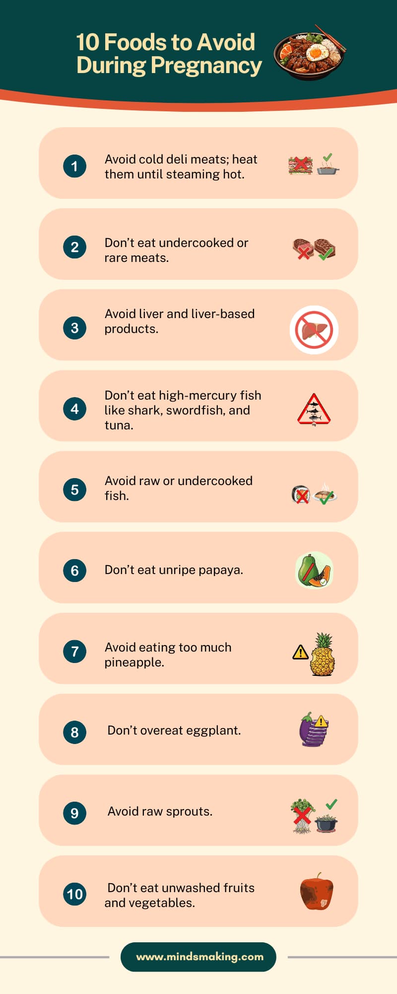 Infographic on '10 Foods to Avoid During Pregnancy,' listing warnings about cold deli meats, rare meats, liver, high-mercury fish (shark, swordfish, tuna), raw fish, unripe papaya, excessive pineapple, eggplant, raw sprouts, and unwashed produce.