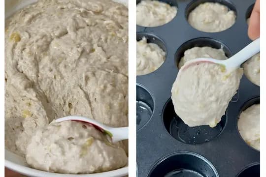 "Thick eggless banana muffin batter being spooned into a muffin tray, ready for baking a healthy homemade treat."