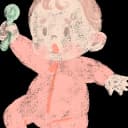 Grainy, textured digital illustration of a baby with light skin, pink cheeks, and sparse curly hair, wearing a pink long-sleeved onesie with the number "1" faintly visible on the chest.