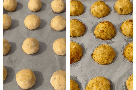 Salmon fish cakes arranged on a parchment-lined baking sheet, baking in the oven at 175°C until golden and cooked through.