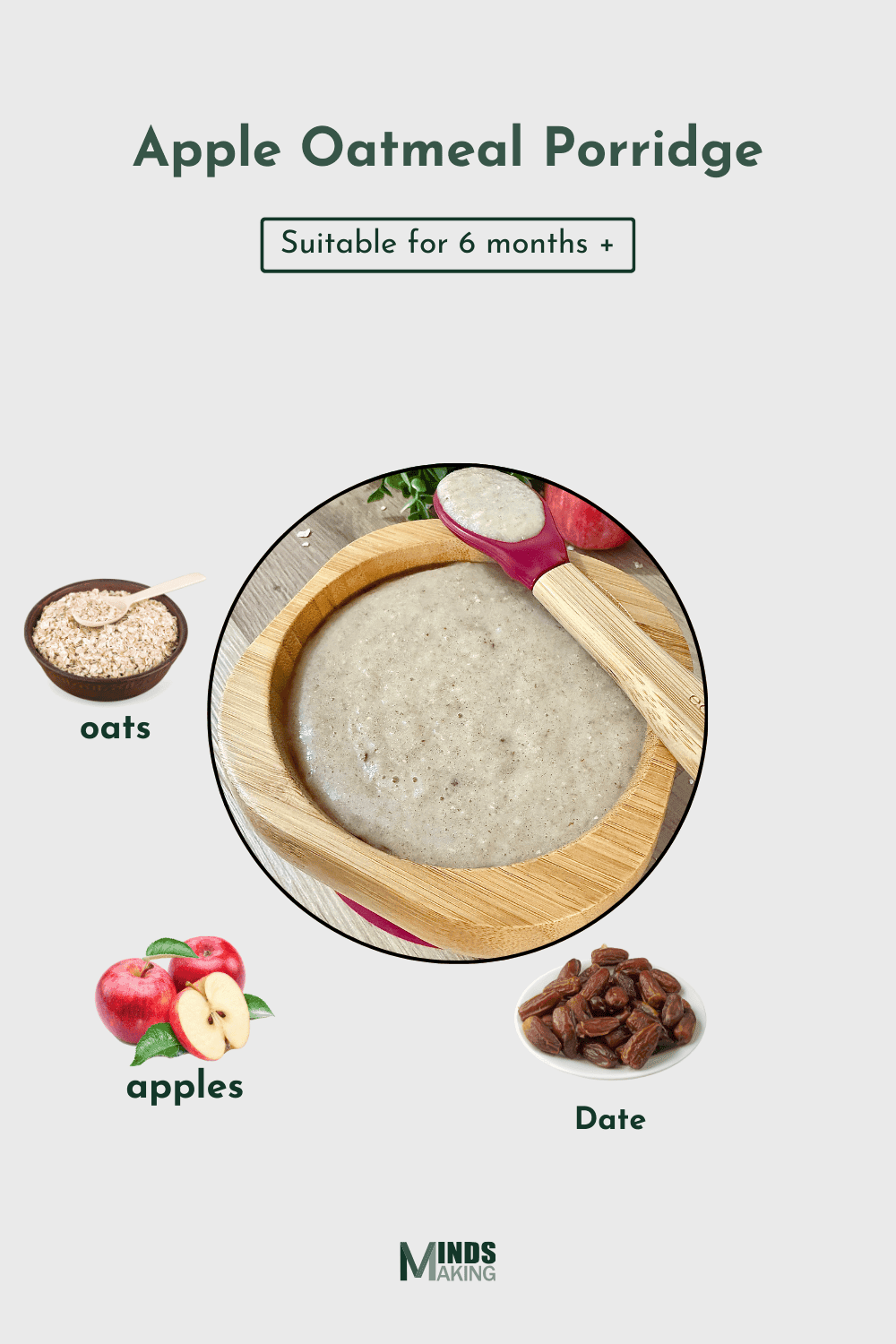 Apple Oatmeal Porridge recipe for babies 6 months and older, made with ingredients like oats, apples, and dates. A warm, nutritious, and easy-to-digest homemade baby food recipe designed by MindsMaking