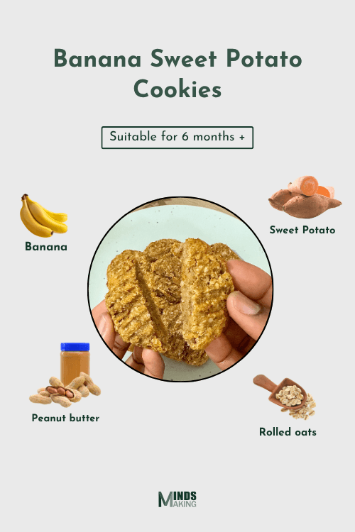 Text recipe listing ingredients for Banana Sweet Potato Cookies, including sweet potato, ripe banana, rolled oats, and smooth peanut butter without added sugar or salt.