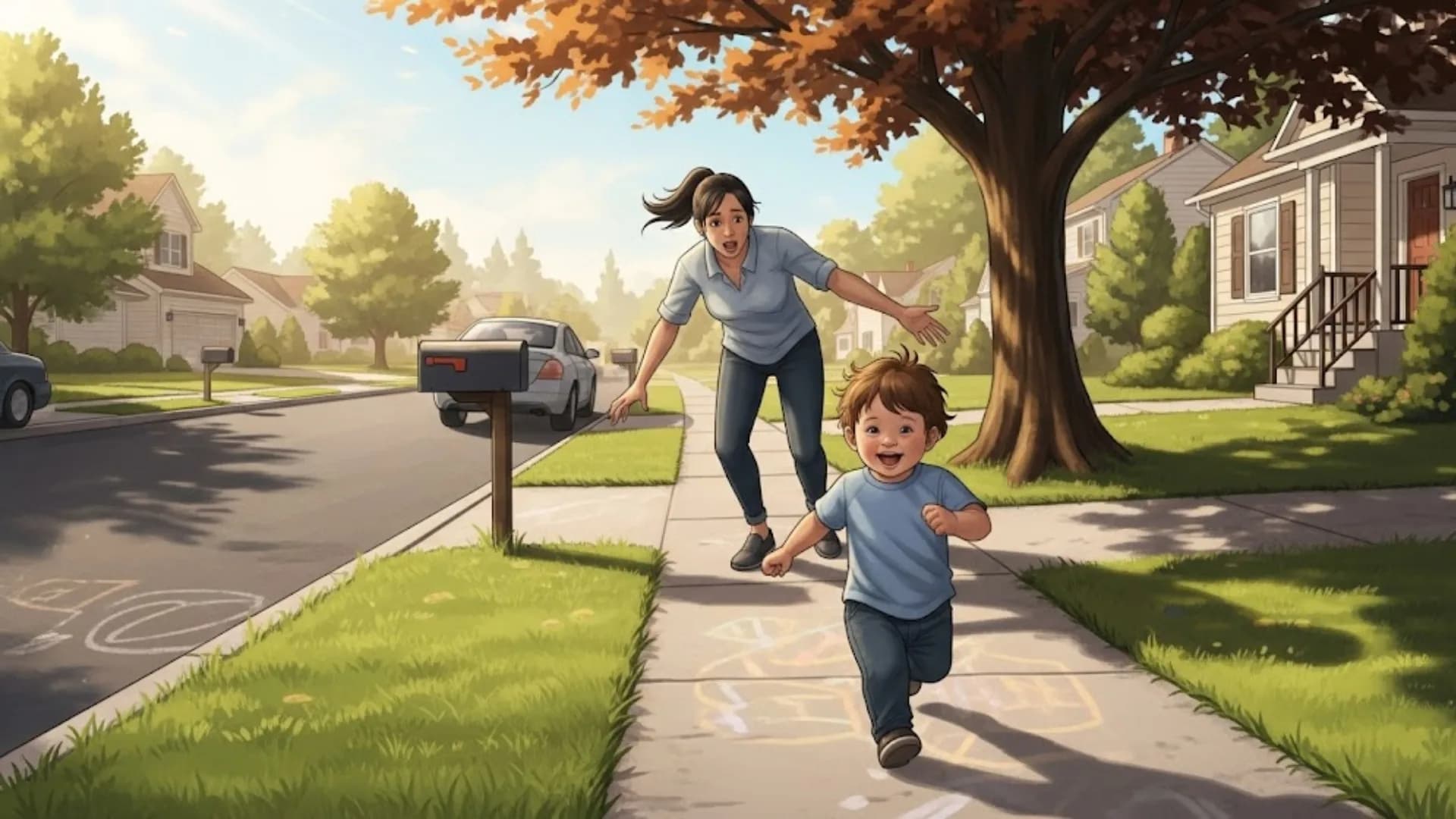 "Happy young boy running on a sunny sidewalk in a suburban neighborhood while his mother playfully chases him."