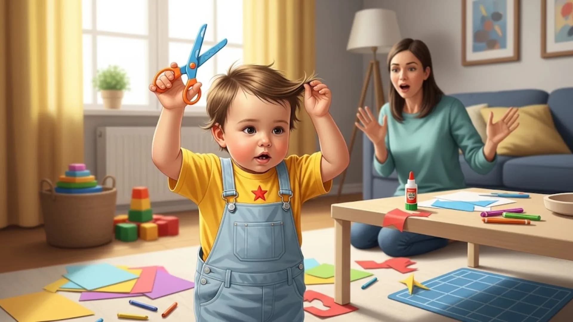 "Alarmed mother watches a toddler holding scissors near his hair, highlighting a dangerous child safety moment during playtime."