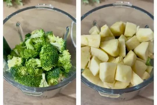 Chopped apples and broccoli florets prepared for baby purée or steamed baby food.