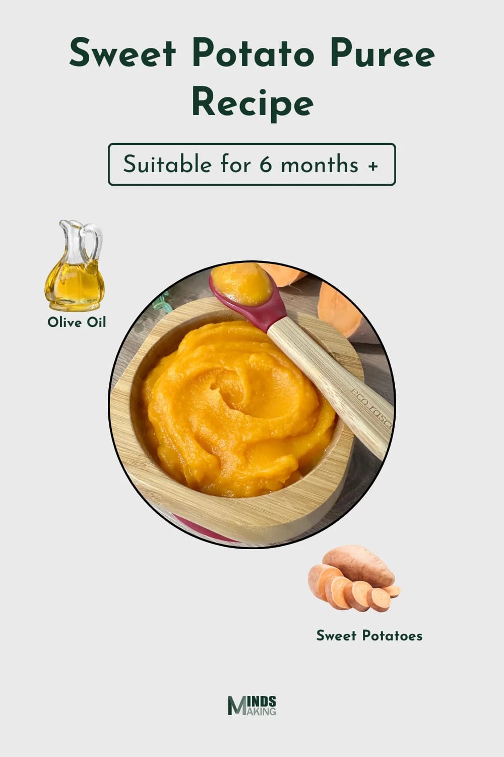 Sweet Potato Puree recipes for babies 6 months and older, made with ingredients like: sweet potatoes and olive oil. A healthy and easy-to-make nutritious homemade baby food recipe designed by Mindsmaking.