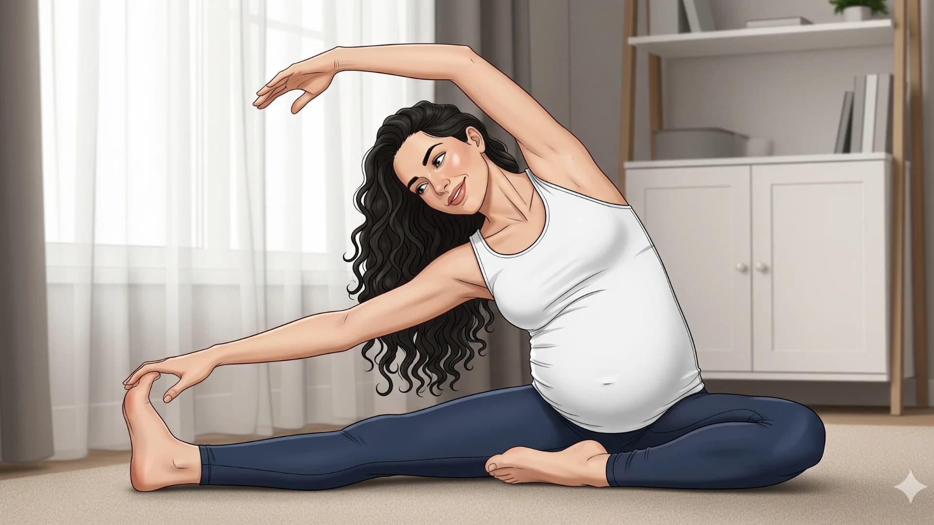 Pregnant woman in butterfly pose doing yoga to induce labor.