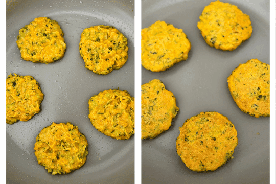 "Vegetable fritter batter frying in a skillet with a golden brown crust forming — cooking healthy sweet potato and broccoli fritters on medium heat."