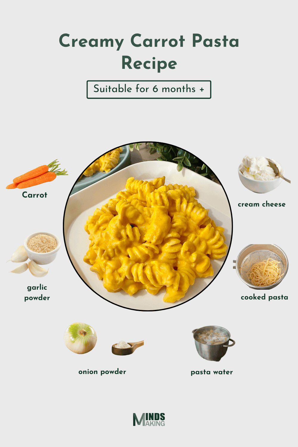 Creamy Carrot Pasta recipe for babies 6 months and older, made with ingredients like carrot, cream cheese, cooked pasta, garlic powder, onion powder, and pasta water. A soft and creamy homemade baby food recipe designed by MindsMaking.