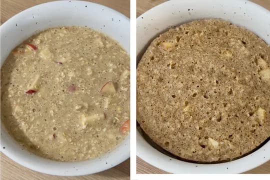 "Microwave apple oat cake before and after cooking: healthy oat batter with apple chunks in a white bowl, and the fully cooked fluffy cake with a golden-brown top."
