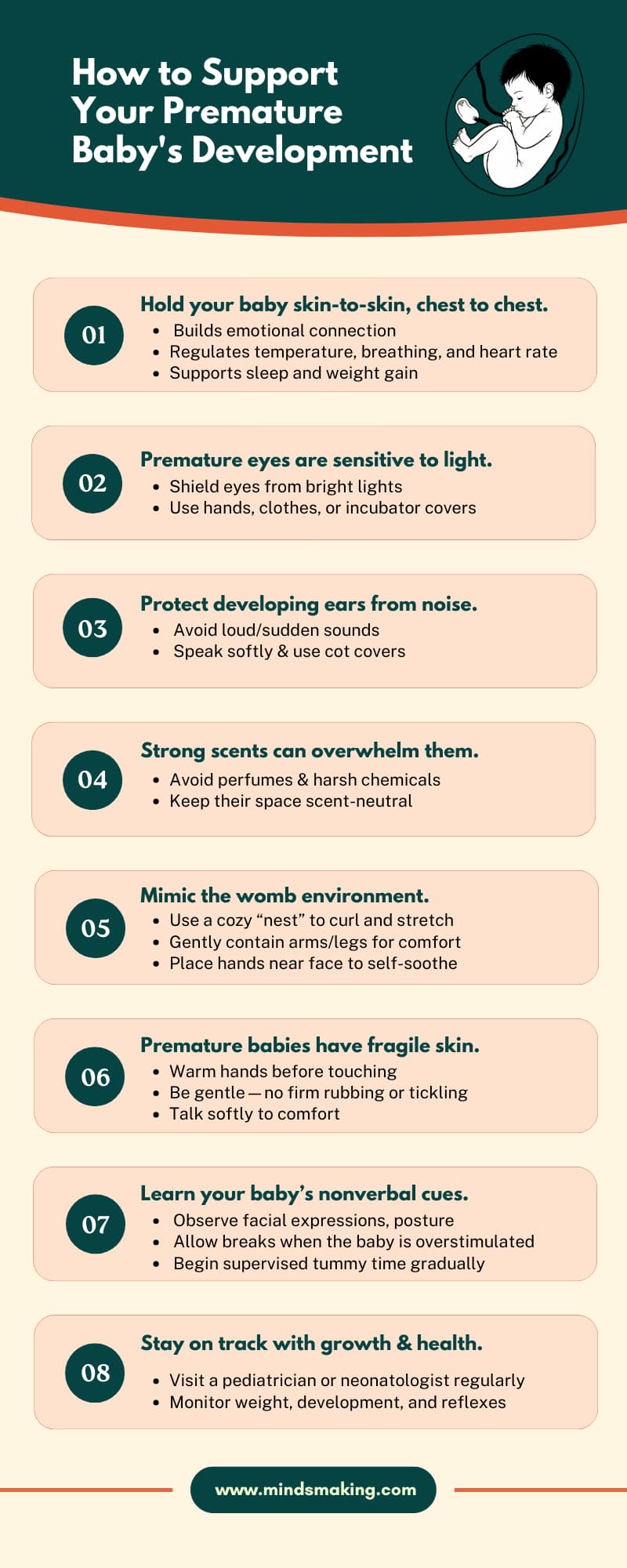 "How to Support Premature Baby's Development infographic: skin-to-skin, light protection, noise protection, scent-neutral, womb environment, fragile skin, nonverbal cues, growth tracking."