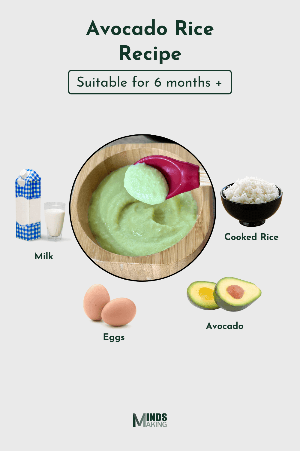 Avocado rice puree recipe for babies 6 months and older – a nutritious blend of avocado, cooked rice, milk, and eggs for healthy weaning.