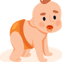 Flat vector illustration of a baby with light skin, rosy cheeks, and minimal hair, crawling on all fours. The baby is wearing an orange diaper, has a brown pacifier in its mouth, and appears to be looking forward with a mild, slightly concerned expression. This image represents the crawling developmental stage.