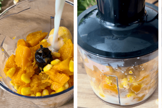 "Blend cooked sweet potato, corn, egg yolk, and milk in a baby blender or food processor until smooth, adjusting consistency with more milk if needed."