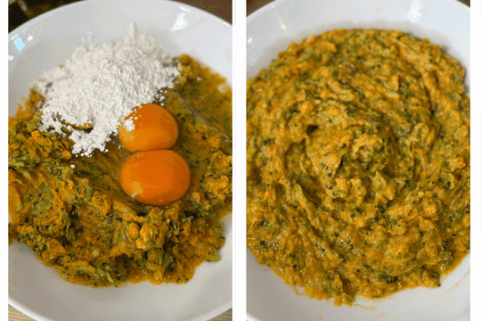 "Two eggs and a scoop of flour added to mashed sweet potatoes and broccoli in a bowl — forming a sticky batter for veggie fritters."