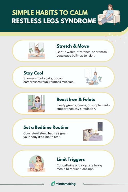Infographic showing simple habits to calm restless legs syndrome, including stretching, staying cool, boosting iron, keeping a bedtime routine, and limiting triggers.