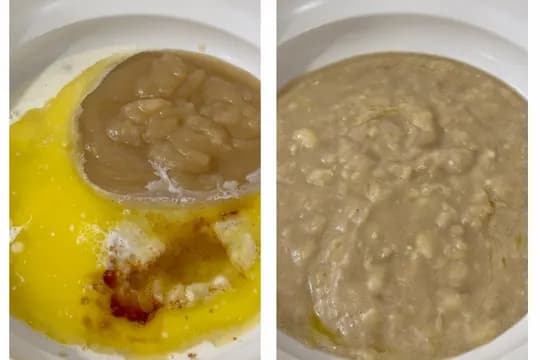 "Mixing wet ingredients including applesauce, melted butter, milk, and vanilla for eggless banana muffin batter in a white bowl."