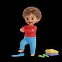 Illustration of a cheerful toddler dressing themselves, putting on a sock and pulling down sleeves, highlighting the self-care milestone and independence.