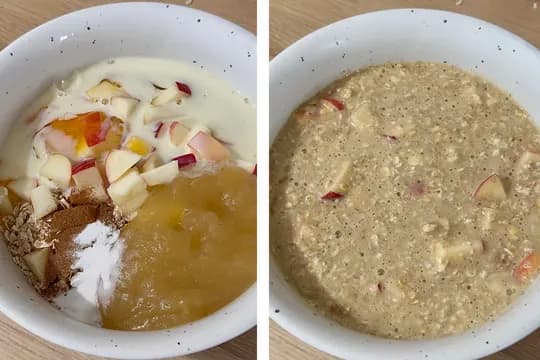 "Apple oat cake batter preparation in two stages: fresh ingredients including chopped apples, oats, yogurt, applesauce, and cinnamon in a white bowl, and the mixed batter ready for baking."