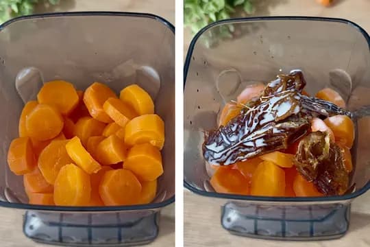 Blending steamed carrots, dates, and milk in a blender to make naturally sweetened carrot popsicle mixture for babies and toddlers