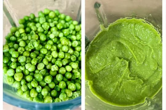 Blender jar showing the transformation of bright green peas into a smooth, vibrant pea puree. The left side features whole peas, while the right side displays the finished pureed mixture for baby food or healthy recipes.