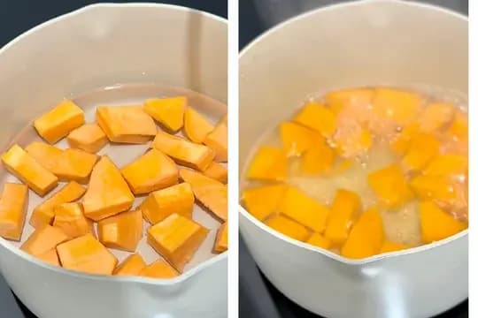 Boiling chopped sweet potatoes in a saucepan until soft for baby porridge or puree.