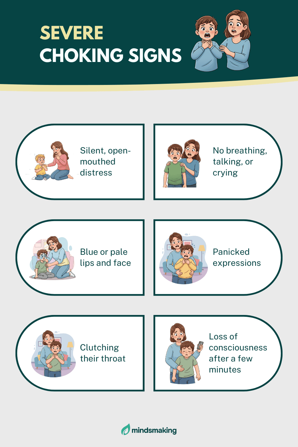 Diagram showing the warning signs of severe choking in a child or baby, including turning blue and inability to breathe, for emergency first aid training and child safety.