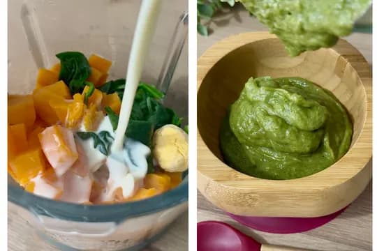 "Blender filled with spinach, butternut squash, and milk preparing homemade green vegetable puree for babies; smooth spinach and squash puree served in a bamboo bowl."