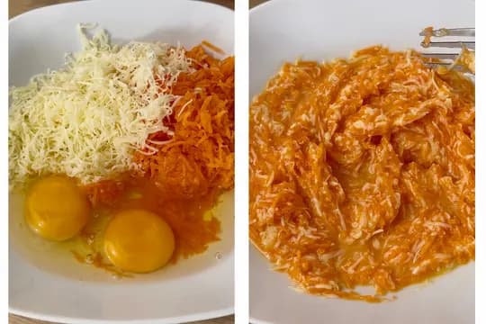 Mixing grated carrot, cheese, and e ggs in a large bowl to create a thick, nutrient-rich batter for cheesy carrot waffles