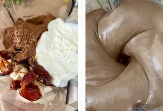 "Side-by-side image showing ingredients for creamy chocolate smoothie or ice cream in a blender on the left (cocoa powder, yogurt/cream, dates) and the finished blended creamy chocolate mixture on the right. Perfect for healthy desserts or smoothies."