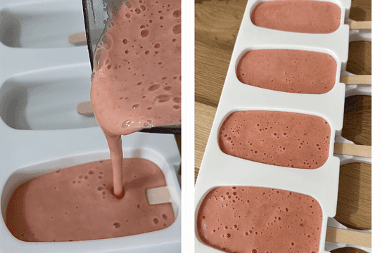 "Pouring strawberry yogurt mixture into popsicle molds."