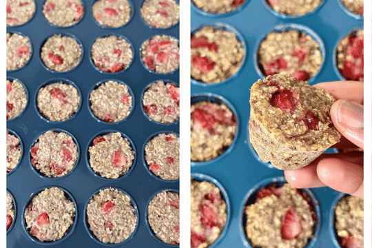 Mini muffin tin baking in the oven at 175°C — oat cups turning golden brown and firm as they cook through.